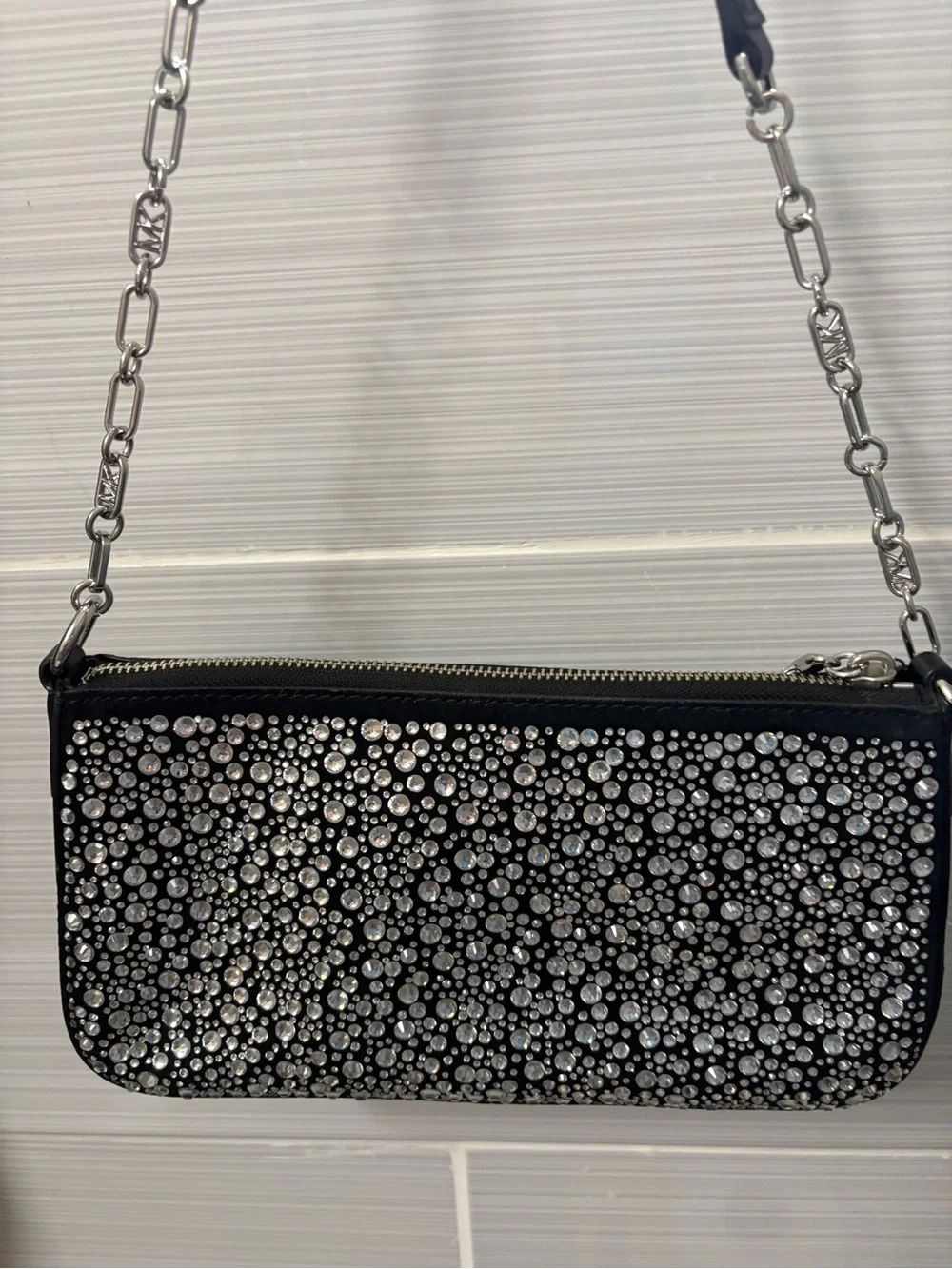 NWOT. Michael Kors Empire Medium Black Crystal Chain Link Pouchette. RARE.